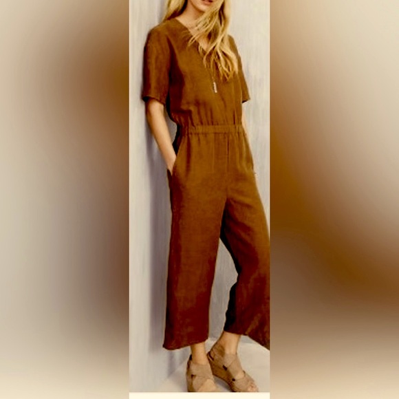 Eileen Fisher Pants - Eileen Fisher Organic Linen Tencel Slub Jumpsuit crop rust cumin pockets rare XS